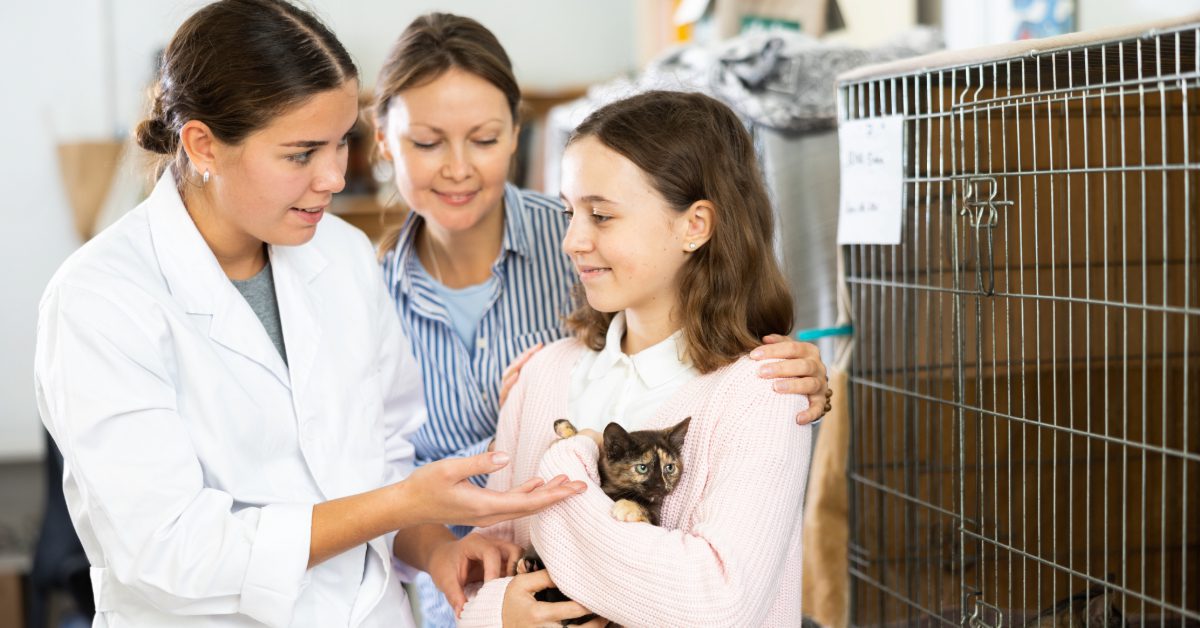 female vet talking with young girl who is holding a kitten at a shelter about the benefits of spaying and neutering pets
